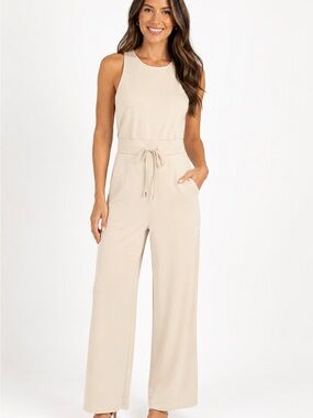 Sleeveless Wide-Leg Jumpsuit in Beige